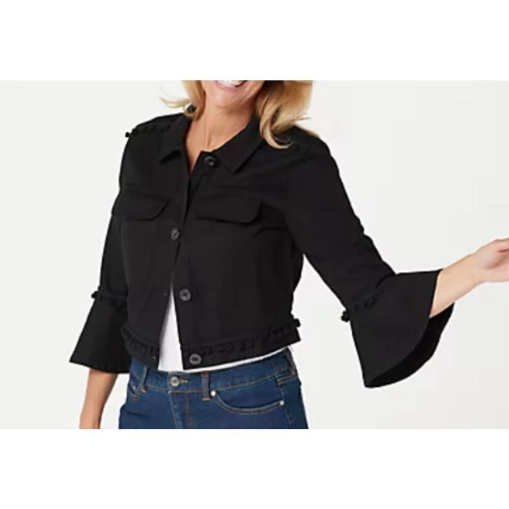 DuJour cropped black twill jacket Pom trim size small